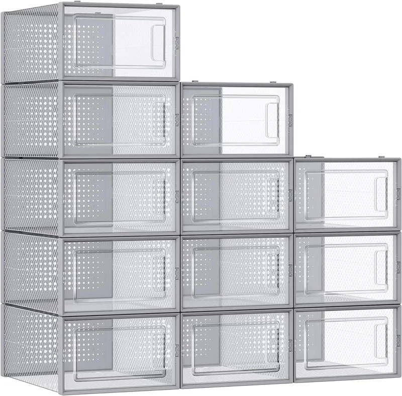 SONGMICS Shoe Boxes, Pack of 12 Shoe Storage Organizers, Stackable Clear Plastic Boxes for Closet, Sneakers, 9.1 x 13.1 x 5.6 Inches, Fit up to US Size 11, Transparent and Gray