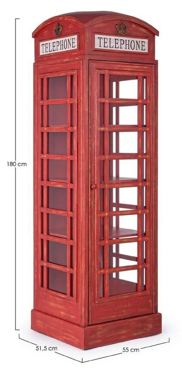 Casa Padrino Landhausstil Bücherschrank Telefonzelle Antik Rot 55 x 51,5 x H. 180 cm - Telefonzellen Regalschrank im englischen Stil - Wohnzimmer Möbel im Landhausstil - Landhausstil Möbel
