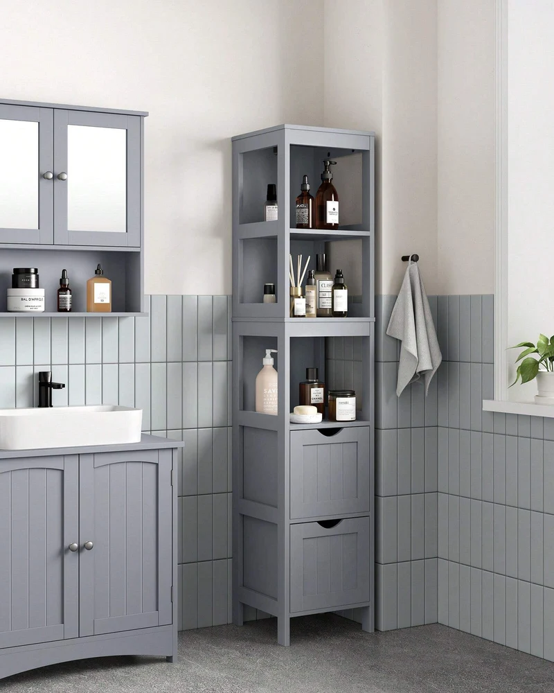 VASAGLE Bathroom Floor Cabinet, Bathroom Storage Organizer Rack Stand, Multifunctional Corner Unit, 2 Drawers, Dove Gray
