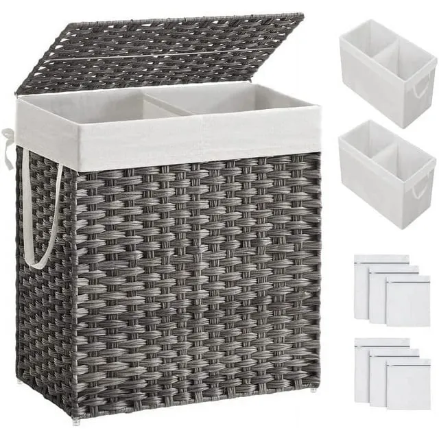 110L Laundry Hamper Basket with Lid Clothes Hamper with 2 Removable Liner Bags & 6 Mesh Bags Wicker Laundry Basket for Laundry Room Gray