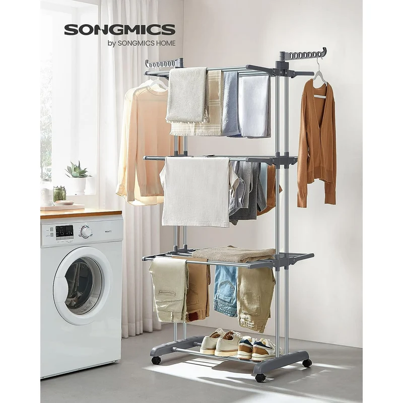 4-Tier Clothes Drying Rack Stand Foldable Laundry Drying Rack Rolling Clothing Rack Indoor Outdoor Use Easy to Assemble Gray