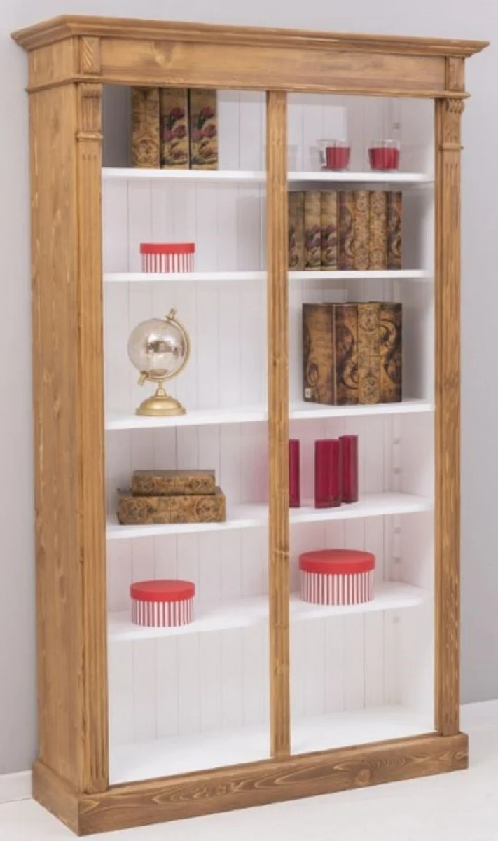 Casa Padrino Landhausstil Bücherschrank Braun / Weiß 120 x 39 x H. 197 cm - Massivholz Schrank - Regalschrank - Wohnzimmerschrank - Büroschrank - Landhausstil Möbel