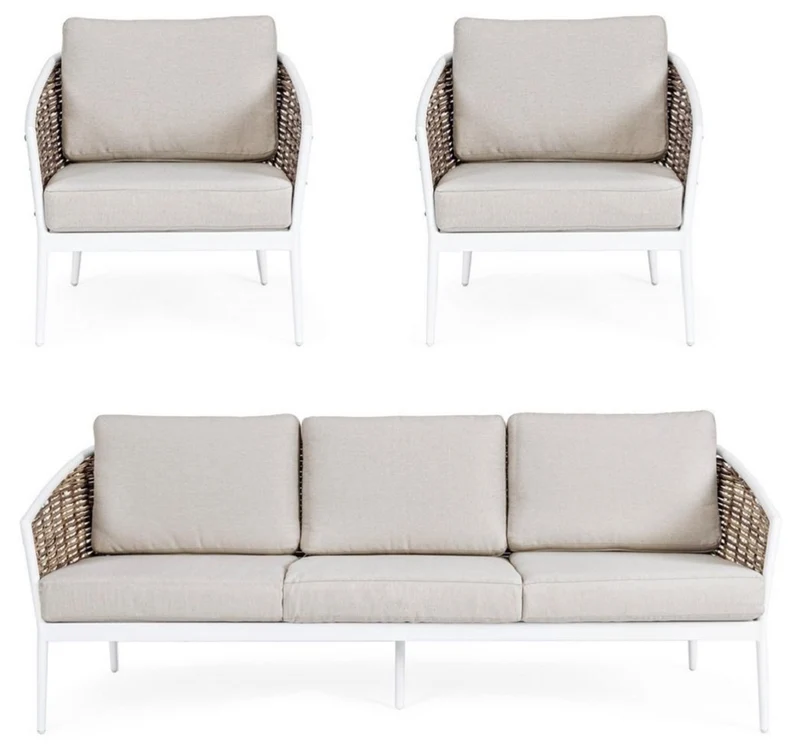 Casa Padrino Luxus Gartenmöbel Set Grau / Weiß / Braun - 1 Luxus Gartensofa & 2 Luxus Gartensessel - Garten Möbel - Terrassen Möbel - Hotel Möbel - Pool Möbel - Outdoor Möbel - Luxus Möbel