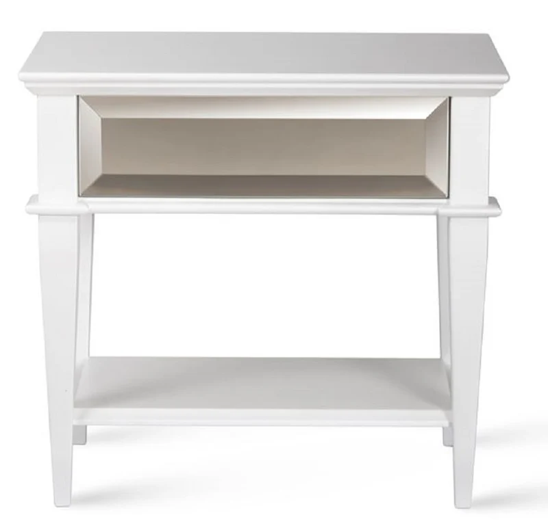 Casa Padrino Luxus Art Deco Nachttisch Weiß 60 x 40 x H. 56 cm - Verspiegelter Beistelltisch mit Schublade - Schlafzimmer Möbel - Kinderzimmer Möbel - Art Deco Möbel - Luxus Möbel