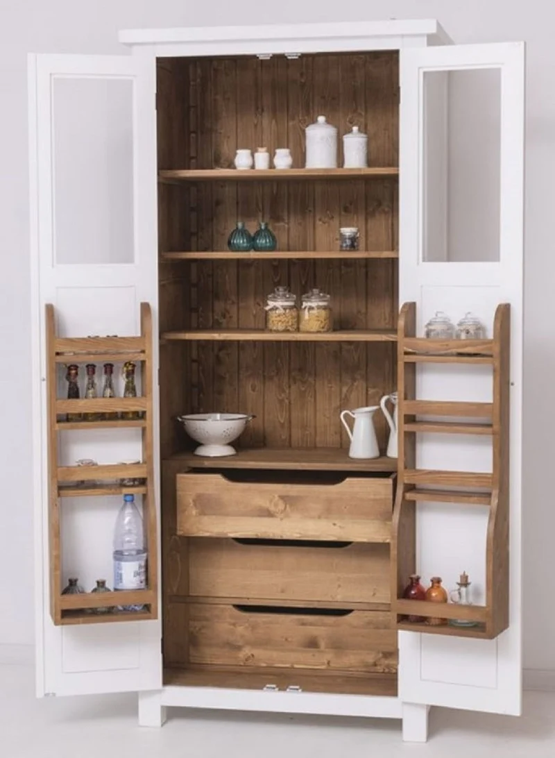 Casa Padrino Landhausstil Esszimmerschrank Weiß / Naturfarben 96 x 65 x H. 220 cm - Massivholz Küchenschrank mit 2 Türen - Esszimmer Möbel im Landhausstil - Landhausstil Esszimmer Einrichtung