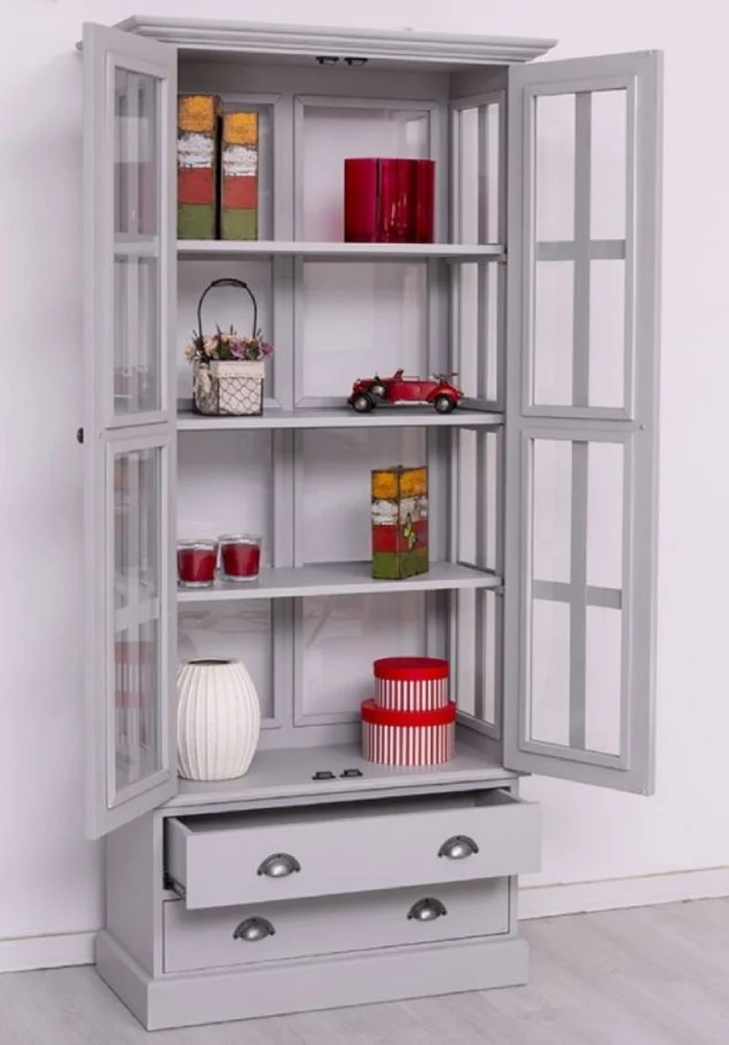 Casa Padrino Landhausstil Vitrine Hellgrau 91 x 47 x H. 200 cm - Massivholz Vitrinenschrank mit 2 Türen und 2 Schubladen - Landhausstil Möbel - Massivholz Möbel - Esszimmer Möbel