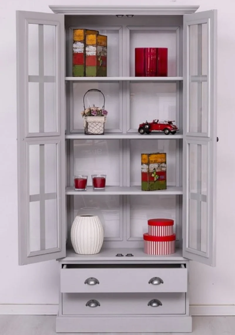 Casa Padrino Landhausstil Vitrine Hellgrau 91 x 47 x H. 200 cm - Massivholz Vitrinenschrank mit 2 Türen und 2 Schubladen - Landhausstil Möbel - Massivholz Möbel - Esszimmer Möbel