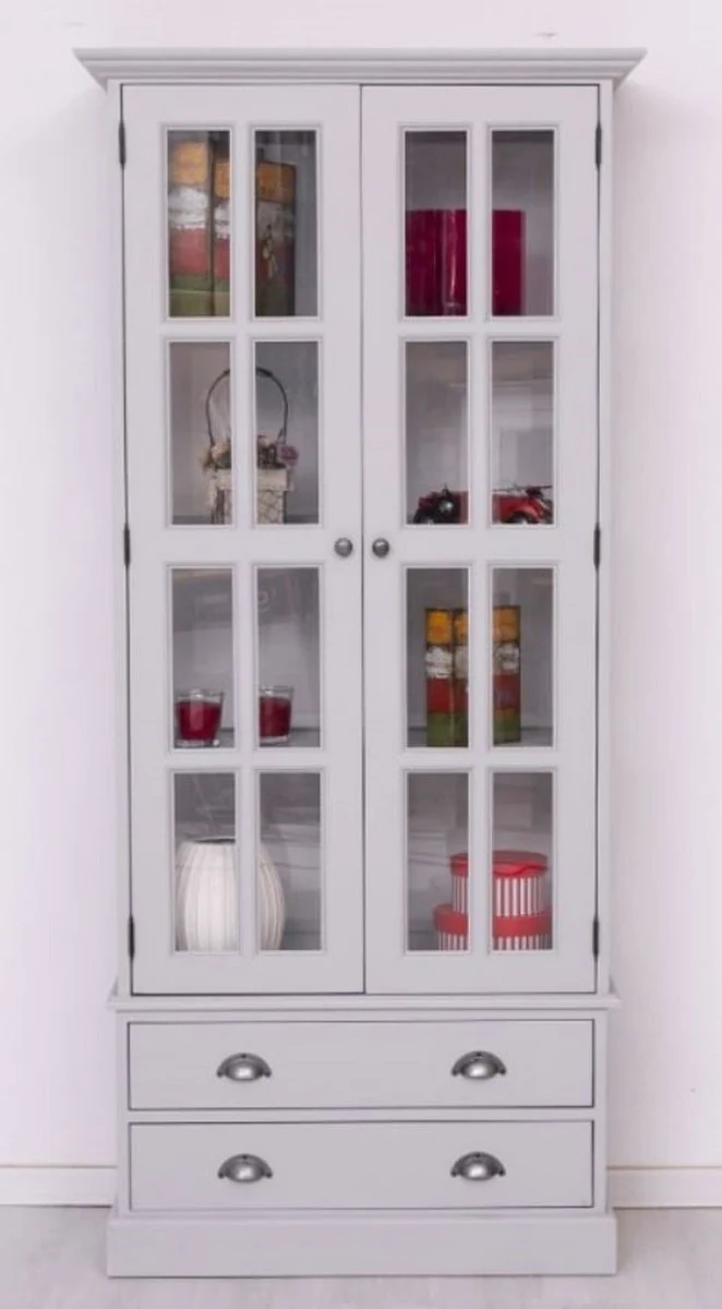 Casa Padrino Landhausstil Vitrine Hellgrau 91 x 47 x H. 200 cm - Massivholz Vitrinenschrank mit 2 Türen und 2 Schubladen - Landhausstil Möbel - Massivholz Möbel - Esszimmer Möbel
