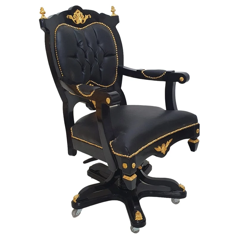 Casa Padrino Barock Bürostuhl Chefsessel Schwarz / Gold - Drehsessel - Büro Sessel