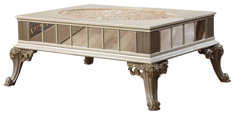 Casa Padrino Luxus Barock Couchtisch Creme / Weiß / Grau / Gold - Verspiegelter Barockstil Wohnzimmertisch - Luxus Möbel im Barockstil - Barockstil Wohnzimmer Möbel - Barock Möbel