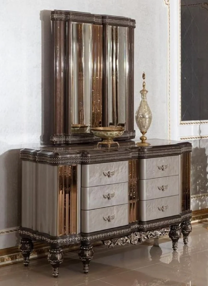 Casa Padrino Luxus Barock Kommode mit Spiegel Grau / Dunkelbraun / Gold - Barockstil Schlafzimmer Kommode mit Spiegel - Luxus Schlafzimmer Möbel im Barockstil - Barock Möbel - Edel & Prunkvoll