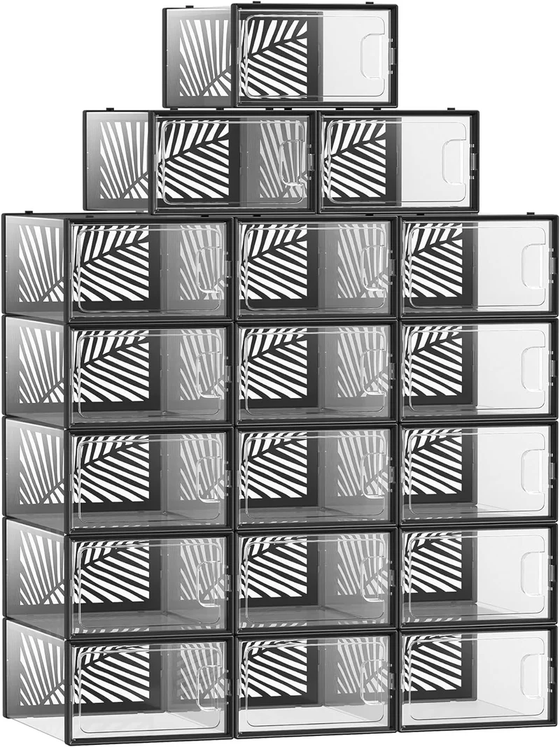 SONGMICS Clear Shoe Boxes, Set of 18 Stackable Plastic Shoe Organizer, Breathable and Foldable Display Storage Bins, for Max. US Size 11, Sneakers, Transparent and Black