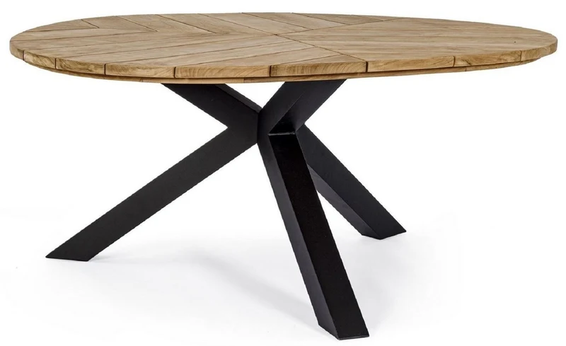 Casa Padrino Luxus Gartentisch Naturfarben / Schwarz Ø 160 x H. 77 cm - Garten Esstisch mit Teakholz Tischplatte und Aluminium Beinen - Garten & Terrassen Tisch - Luxus Garten & Terrassen Möbel