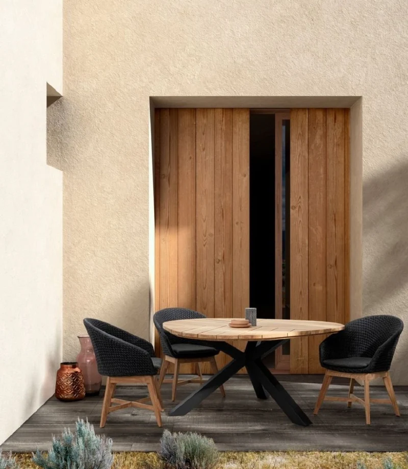 Casa Padrino Luxus Gartentisch Naturfarben / Schwarz Ø 160 x H. 77 cm - Garten Esstisch mit Teakholz Tischplatte und Aluminium Beinen - Garten & Terrassen Tisch - Luxus Garten & Terrassen Möbel