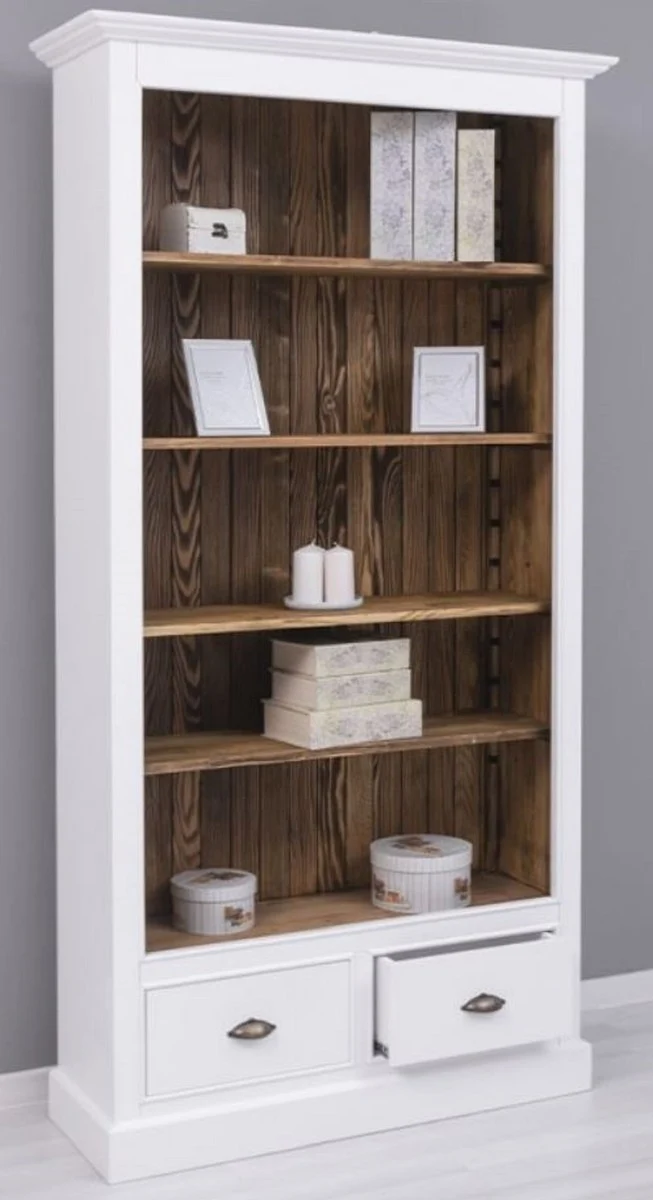 Casa Padrino Landhausstil Bücherschrank Weiß / Braun 109 x 39 x H. 210 cm - Massivholz Schrank - Regalschrank - Wohnzimmerschrank - Büroschrank - Landhausstil Möbel