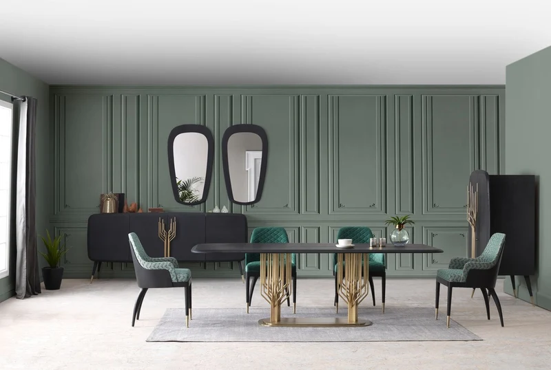 Casa Padrino Luxus Esszimmerstuhl 8er Set mit Armlehnen Grün Muster / Schwarz / Messing 55 x 59 x H. 88 cm - Esszimmer Möbel - Restaurant Möbel - Esszimmer Einrichtung - Luxus Möbel
