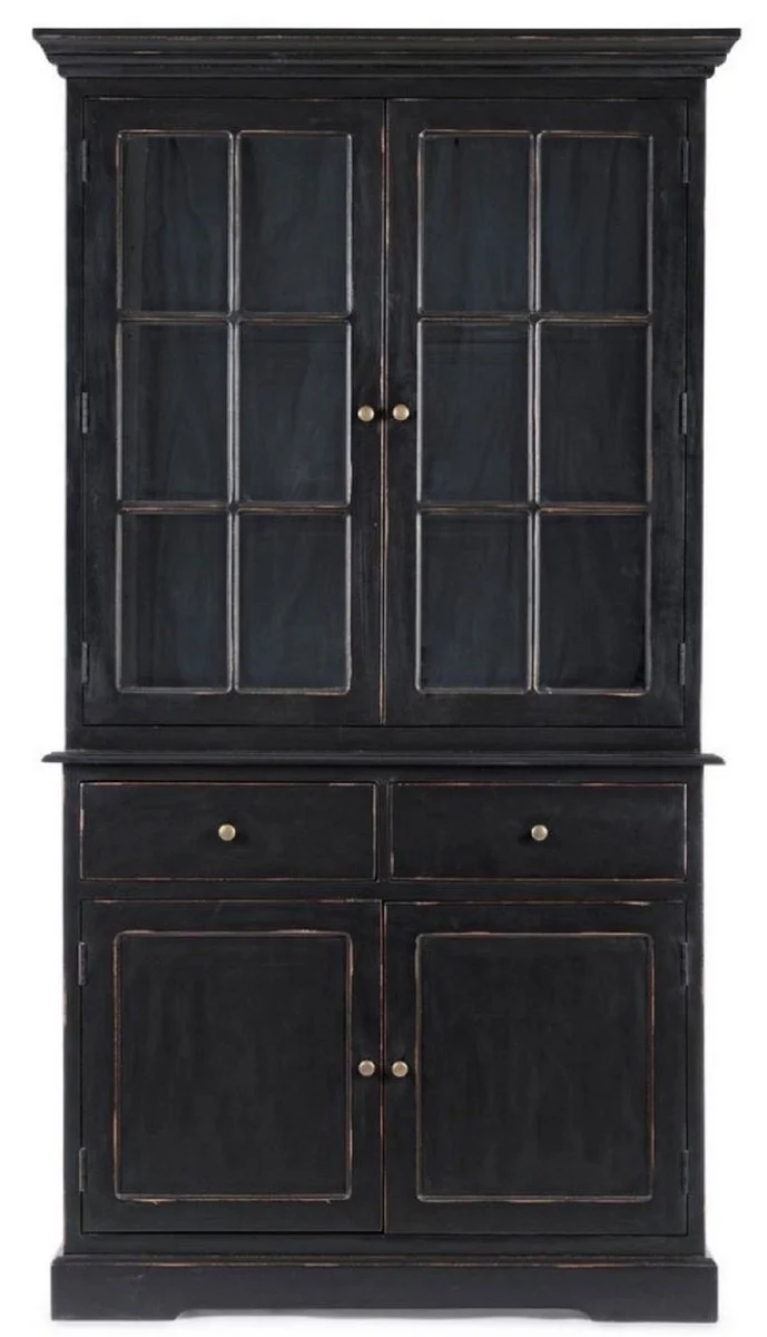 Casa Padrino Landhausstil Schrank Antik Schwarz 111,4 x 42,5 x H. 203 cm - Landhausstil Esszimmerschrank mit 4 Türen und 2 Schubladen - Landhausstil Vitrine - Landhausstil Esszimmer Möbel
