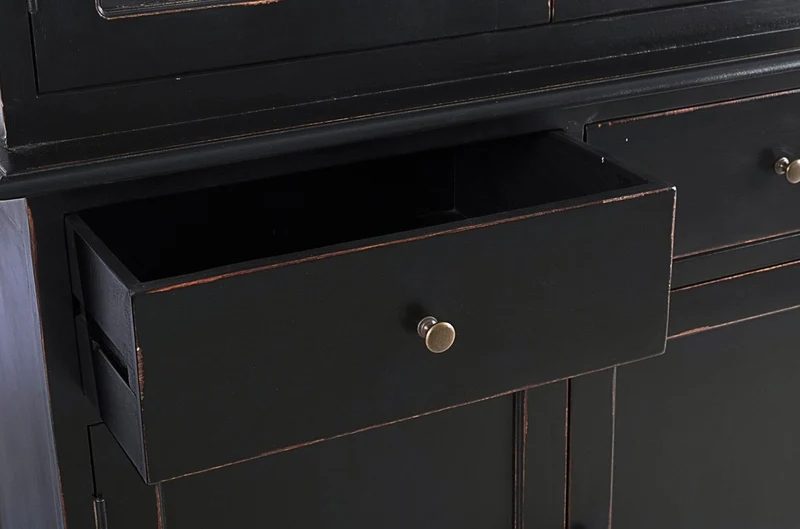 Casa Padrino Landhausstil Schrank Antik Schwarz 111,4 x 42,5 x H. 203 cm - Landhausstil Esszimmerschrank mit 4 Türen und 2 Schubladen - Landhausstil Vitrine - Landhausstil Esszimmer Möbel