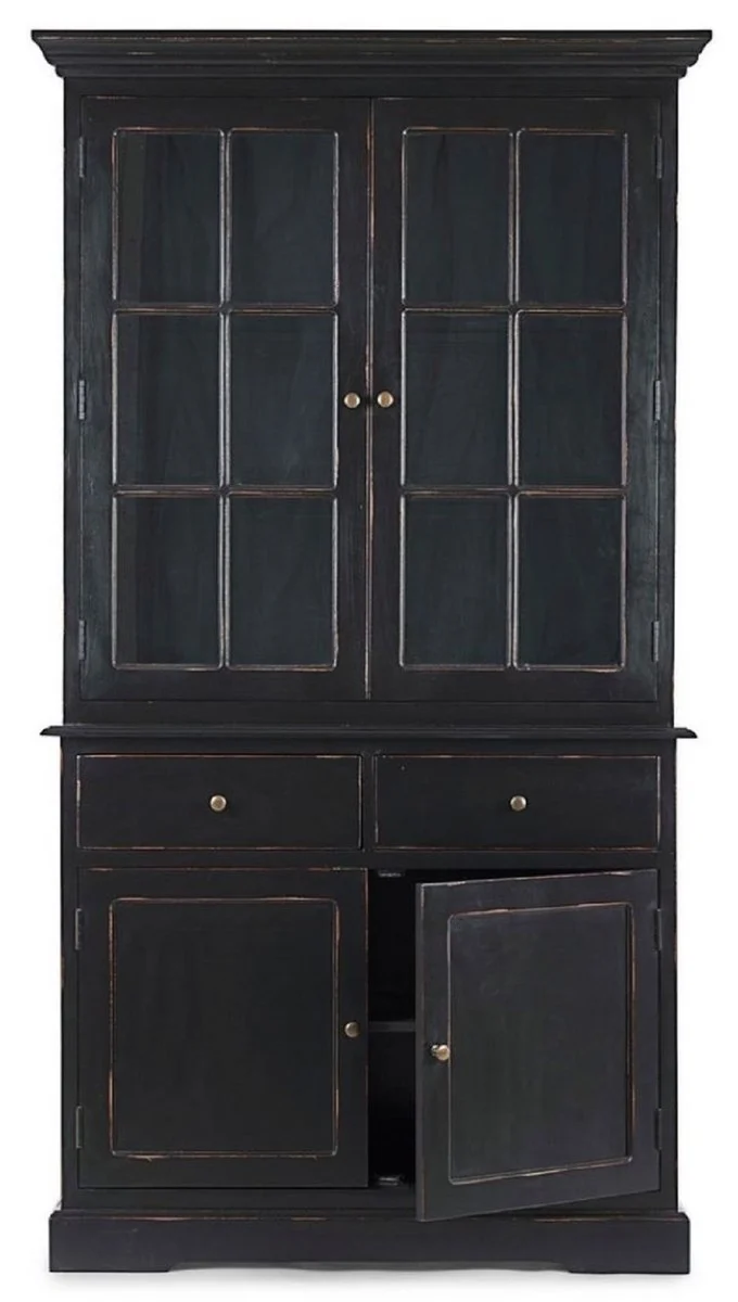 Casa Padrino Landhausstil Schrank Antik Schwarz 111,4 x 42,5 x H. 203 cm - Landhausstil Esszimmerschrank mit 4 Türen und 2 Schubladen - Landhausstil Vitrine - Landhausstil Esszimmer Möbel