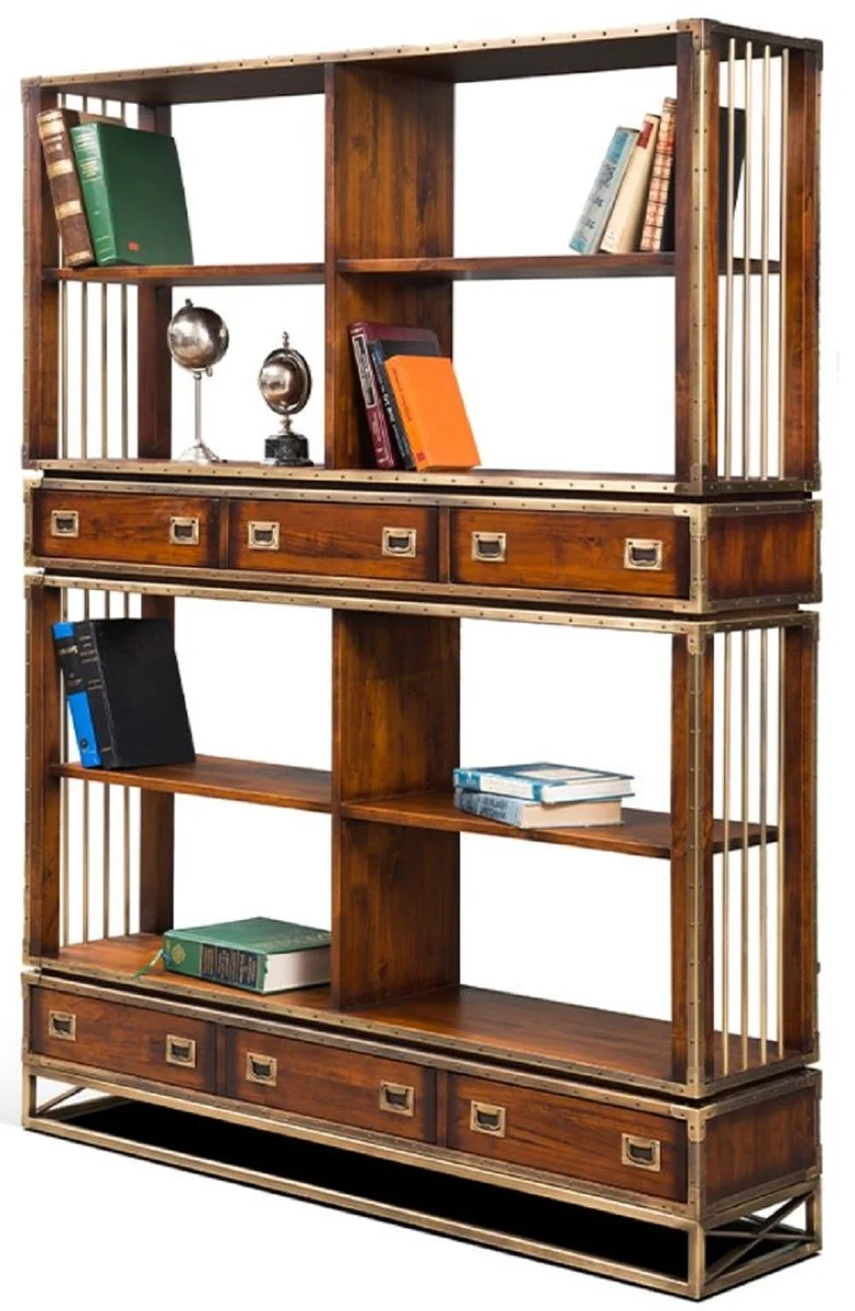 Casa Padrino Luxus Vintage Stil Regalschrank Braun / Messing 152 x 35 x H. 200,5 cm - Vintage Stil Bücherschrank mit 6 Schubladen - Luxus Wohnzimmer Massivholz Möbel im Vintage Stil