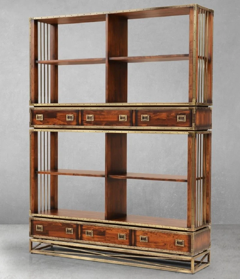 Casa Padrino Luxus Vintage Stil Regalschrank Braun / Messing 152 x 35 x H. 200,5 cm - Vintage Stil Bücherschrank mit 6 Schubladen - Luxus Wohnzimmer Massivholz Möbel im Vintage Stil
