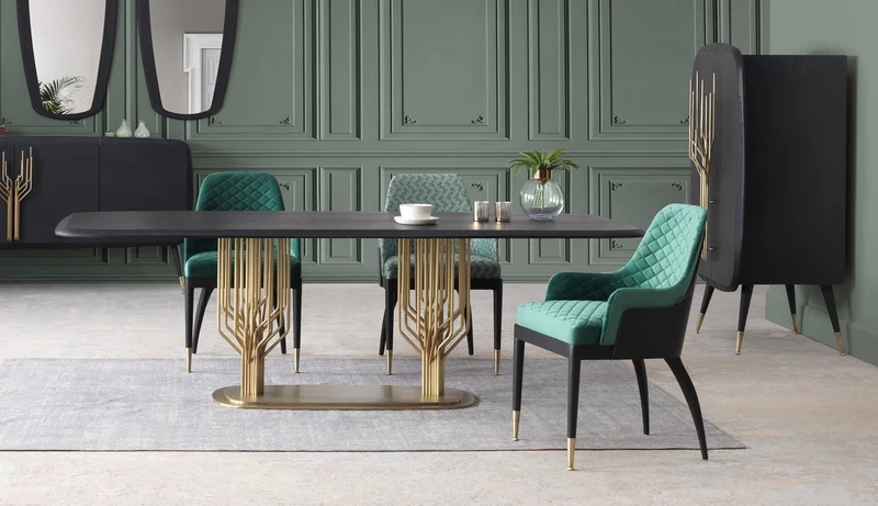 Casa Padrino Luxus Esszimmerstuhl 6er Set mit Armlehnen Grün Muster / Schwarz / Messing 55 x 59 x H. 88 cm - Esszimmer Möbel - Restaurant Möbel - Esszimmer Einrichtung - Luxus Möbel