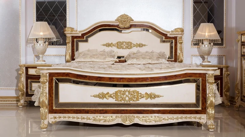 Casa Padrino Luxus Barock Doppelbett Weiß / Beige / Braun / Gold - Prunkvolles Massivholz Bett - Luxus Schlafzimmer Möbel im Barockstil - Barock Schlafzimmer Möbel - Barock Schlafzimmer Einrichtung
