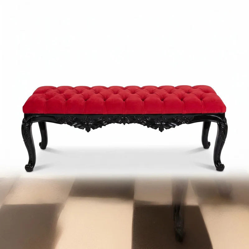 Casa Padrino Barock Sitzbank Rot / Schwarz - Gepolsterte Massivholz Bank mit edlem Samtstoff und Glitzersteinen - Handgefertigte Barock Möbel - Edel & Prunkvoll