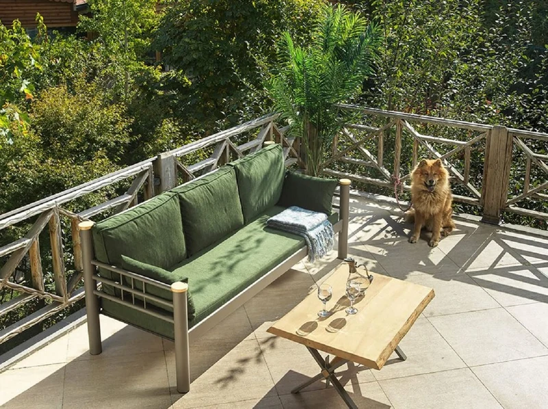 Casa Padrino Jugendstil Gartensofa Grün / Grau / Naturfarben 200 x 70 x H. 85 cm - Metall Garten Sofa mit Kissen - Terrassen Sofa - Garten Möbel - Terrassen Möbel - Jugendstil Möbel