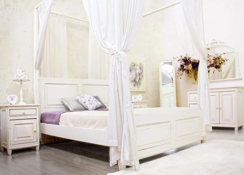Casa Padrino Landhausstil Doppelbett Antik Weiß 175 x 209 x H. 210 cm - Massivholz Bett mit Baumwoll Vorhängen - Schlafzimmer Möbel im Landhausstil - Landhausstil Möbel