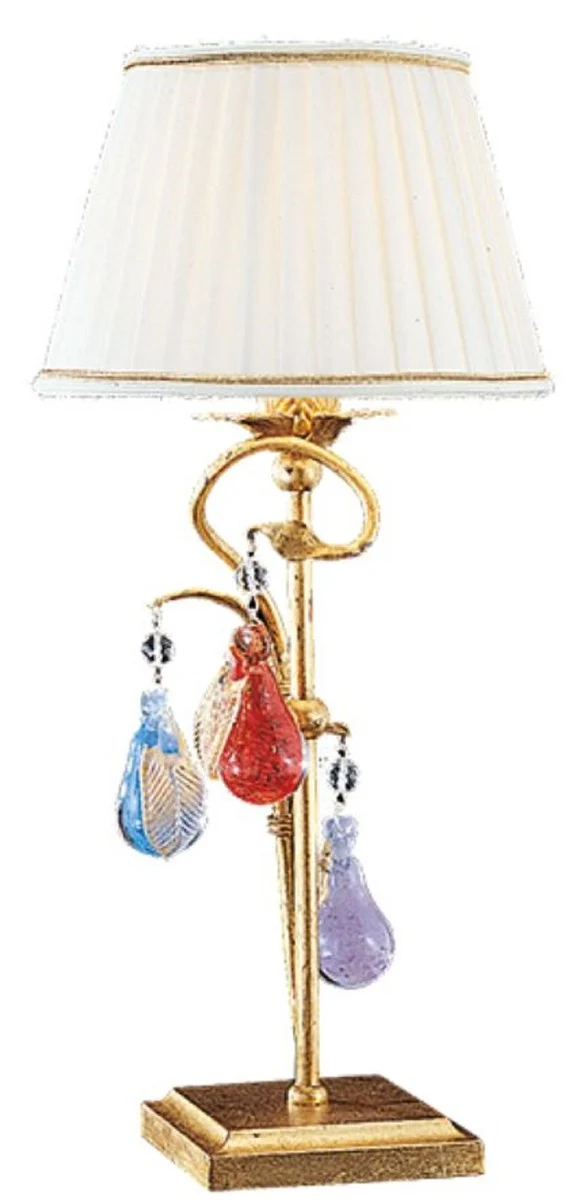 Casa Padrino Luxus Barock Kristall Tischleuchte Gold mit Patina / Mehrfarbig / Weiß Ø 20 x H. 45 cm - Prunkvolle Barockstil Schreibtischleuchte mit Murano Glas - Luxus Qualität - Made in Italy