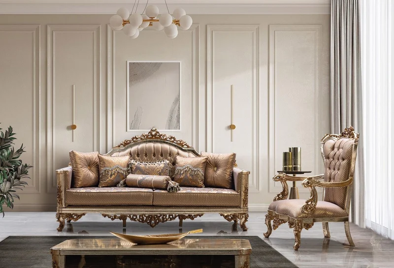 Casa Padrino Luxus Barock Sofa Kupfer / Antik Silber / Gold - Barockstil Wohnzimmer Sofa mit elegantem Muster - Luxus Wohnzimmer Möbel im Barockstil - Barock Einrichtung - Barock Möbel