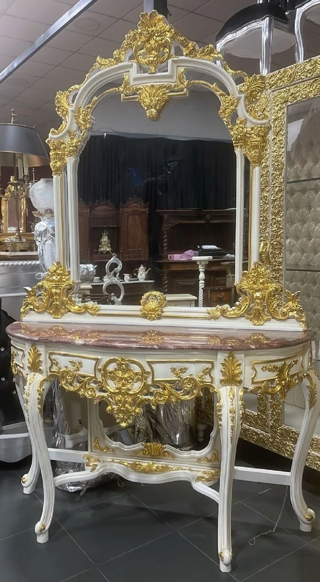 Casa Padrino Barock Spiegelkonsole mit Marmorplatte Weiß / Gold / Braun - Prunkvolle Barock Konsole mit Spiegel - Garderoben Möbel Barockstil - Barock Möbel - Antik Stil Möbel - Edel & Prunkvoll
