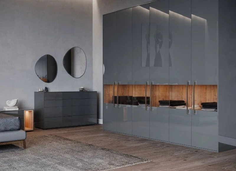 Casa Padrino Luxus Schlafzimmerschrank Grau / Naturfarben 275 x 59,6 x H. 244 cm - Massivholz Kleiderschrank mit 6 Türen - Schlafzimmer Möbel - Hotel Möbel - Luxus Möbel
