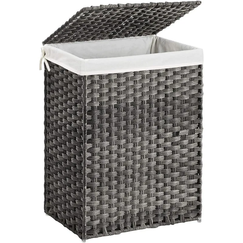 23.8 Gal (90L) White Laundry Hamper Wicker Laundry Basket with Lid and Handles Clothes Hamper Foldable Removable Liner Bag Gray