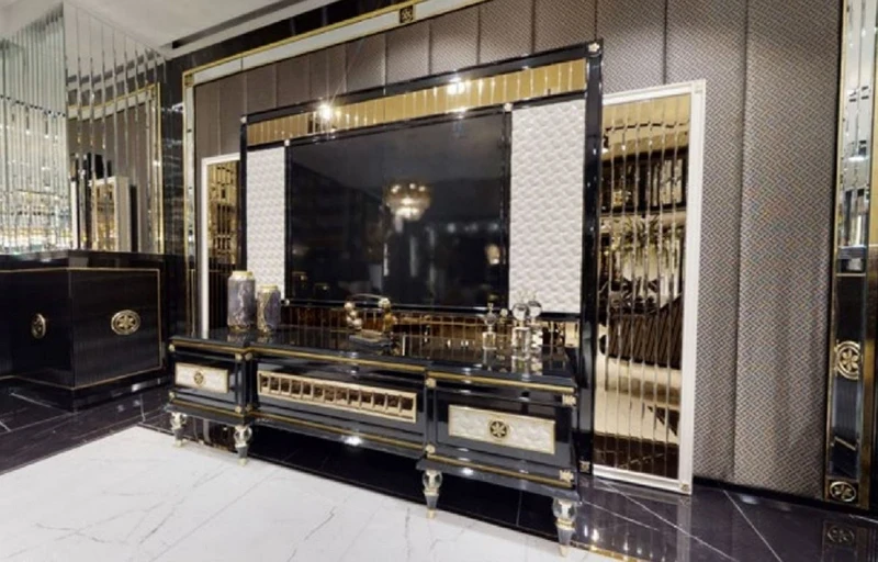 Casa Padrino Luxus Art Deco TV Schrank Rückwand Schwarz / Weiß / Gold - Verspiegelte Massivholz Rückwand - Art Deco Wohnzimmer Möbel - Luxus Wohnzimmer Möbel - Luxus Art Deco Einrichtung