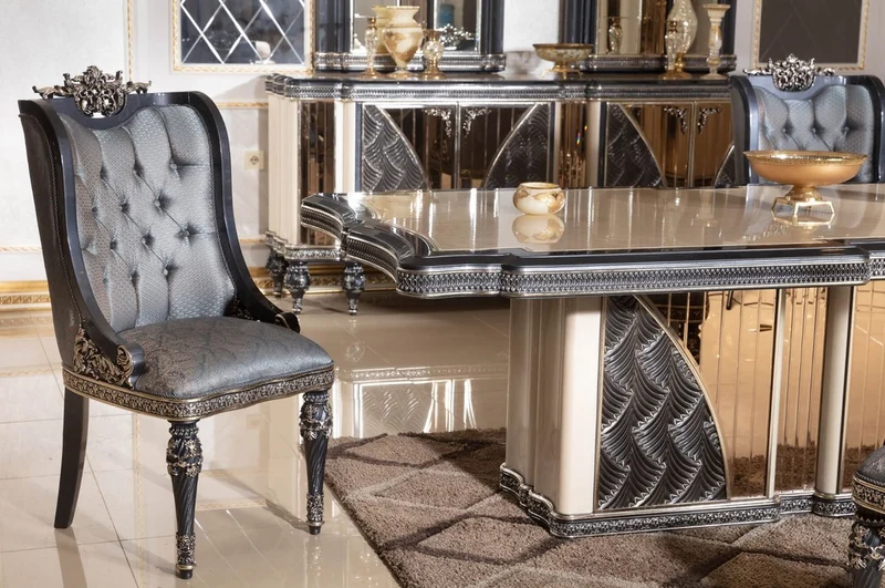 Casa Padrino Luxus Barock Esszimmerstuhl 6er Set Hellblau / Schwarz / Gold - Barockstil Küchenstühle mit Muster - Luxus Esszimmer Möbel im Barockstil - Barock Esszimmer Möbel - Barock Einrichtung