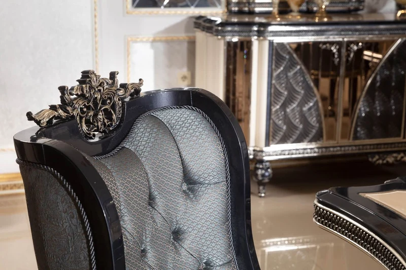 Casa Padrino Luxus Barock Esszimmerstuhl 6er Set Hellblau / Schwarz / Gold - Barockstil Küchenstühle mit Muster - Luxus Esszimmer Möbel im Barockstil - Barock Esszimmer Möbel - Barock Einrichtung