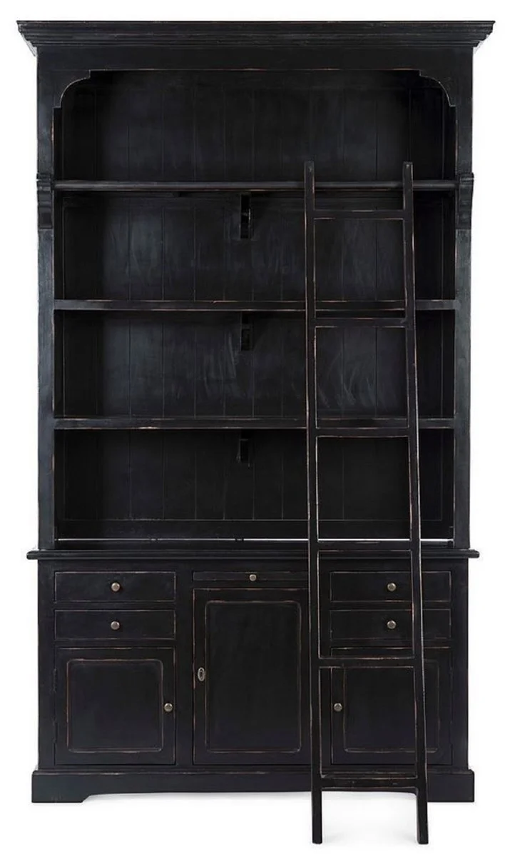Casa Padrino Landhausstil Schrank mit Leiter Antik Schwarz 143,5 x 40,6 x H. 233,7 cm - Bücherschrank - Regalschrank - Wohnzimmerschrank - Büroschrank - Landhausstil Möbel