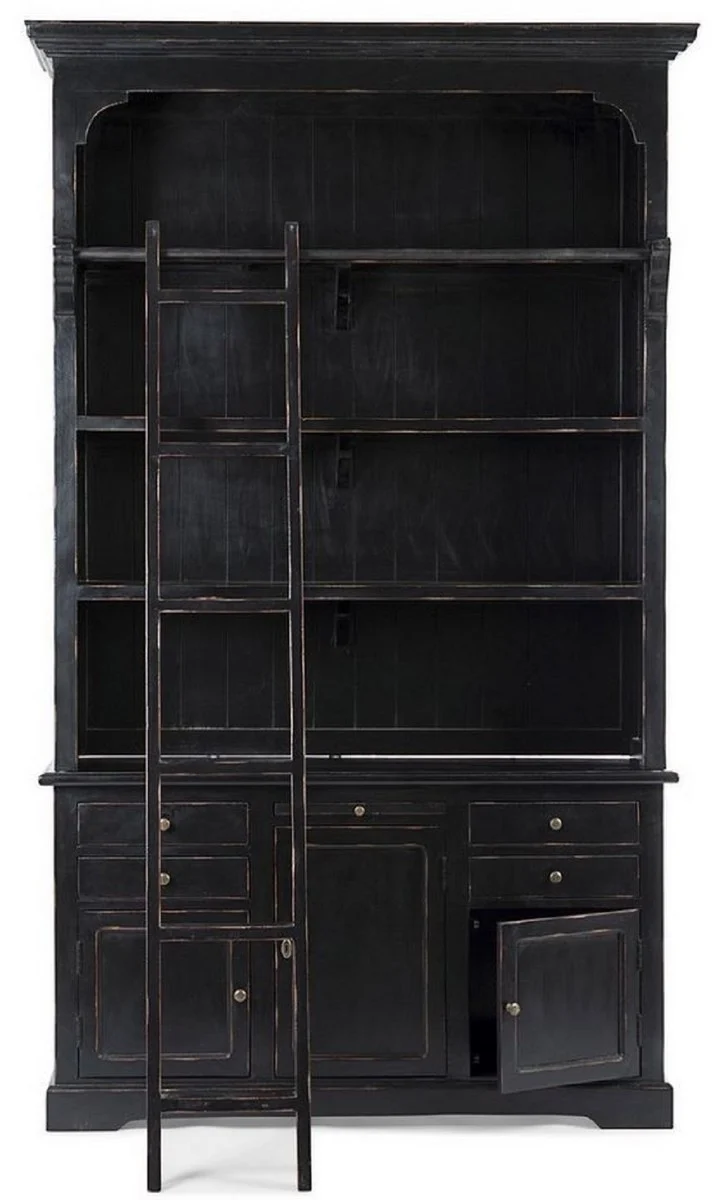Casa Padrino Landhausstil Schrank mit Leiter Antik Schwarz 143,5 x 40,6 x H. 233,7 cm - Bücherschrank - Regalschrank - Wohnzimmerschrank - Büroschrank - Landhausstil Möbel