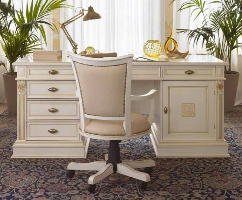 Casa Padrino Luxus Bürostuhl Beige / Antik Creme / Schwarz - Höhenverstellbarer Schreibtischstuhl - Drehstuhl mit edlem Kunstleder - Luxus Büro Möbel - Luxus Qualität - Made in Italy