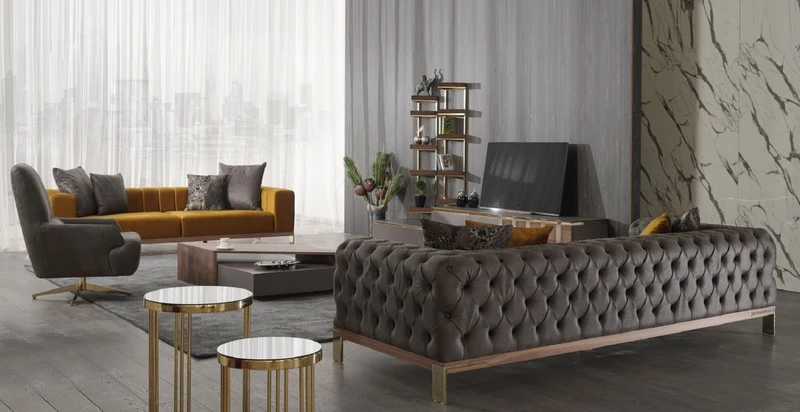 Casa Padrino Luxus Wohnzimmer TV Schrank Set Grau / Braun / Gold - 1 TV Schrank mit 4 Schubladen & 2 Wandregale - Wohnzimmer Möbel - Massivholz Möbel - Luxus Möbel - Luxus Einrichtung