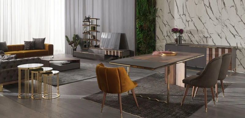Casa Padrino Luxus Wohnzimmer TV Schrank Set Grau / Braun / Gold - 1 TV Schrank mit 4 Schubladen & 2 Wandregale - Wohnzimmer Möbel - Massivholz Möbel - Luxus Möbel - Luxus Einrichtung