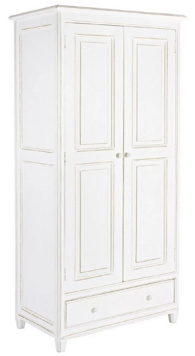 Casa Padrino Landhausstil Schlafzimmerschrank Antik Weiß 90 x 55 x H. 190 cm - Massivholz Kleiderschrank mit 2 Türen und Schublade - Massivholz Schlafzimmer Möbel im Landhausstil