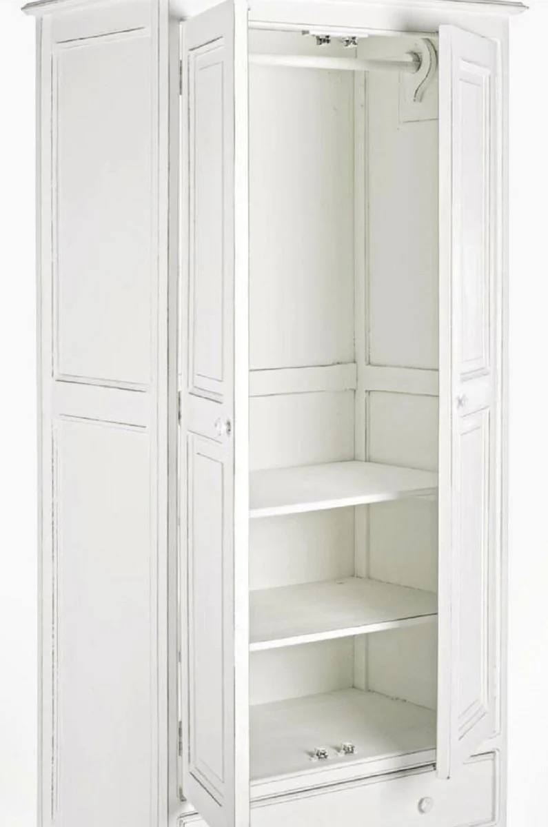 Casa Padrino Landhausstil Schlafzimmerschrank Antik Weiß 90 x 55 x H. 190 cm - Massivholz Kleiderschrank mit 2 Türen und Schublade - Massivholz Schlafzimmer Möbel im Landhausstil