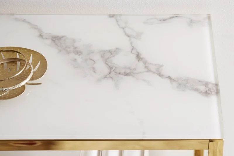 Casa Padrino Konsole Gold / Weiß / Grau Marmor Look 80 x 26 x H. 80 cm - Konsolentisch mit Glasplatte - Wohnzimmer Möbel