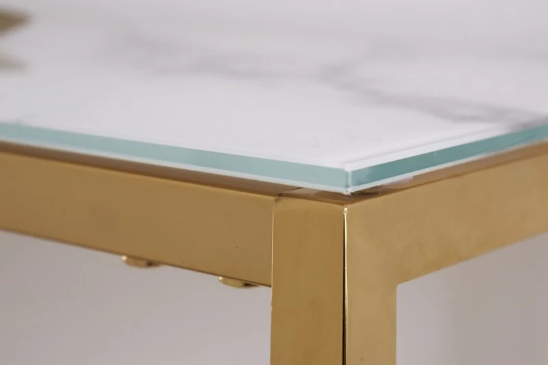 Casa Padrino Konsole Gold / Weiß / Grau Marmor Look 80 x 26 x H. 80 cm - Konsolentisch mit Glasplatte - Wohnzimmer Möbel