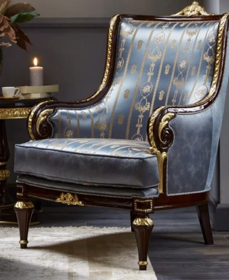 Casa Padrino Luxus Barock Sessel Blau / Dunkelbraun / Gold - Prunkvoller Wohnzimmer Sessel - Barockstil Wohnzimmer Möbel - Luxus Möbel im Barockstil - Barock Einrichtung - Edel & Prunkvoll