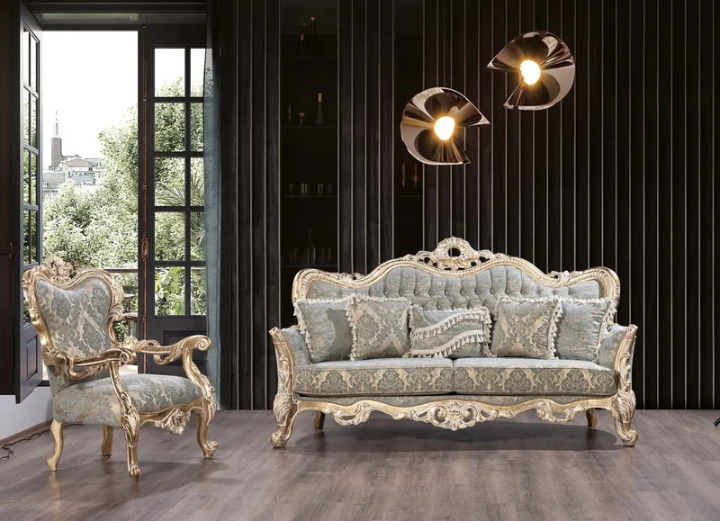Casa Padrino Luxus Barock Sofa Grün / Antik Gold - Barockstil Wohnzimmer Sofa mit elegantem Muster - Luxus Wohnzimmer Möbel im Barockstil - Barock Möbel - Barock Einrichtung