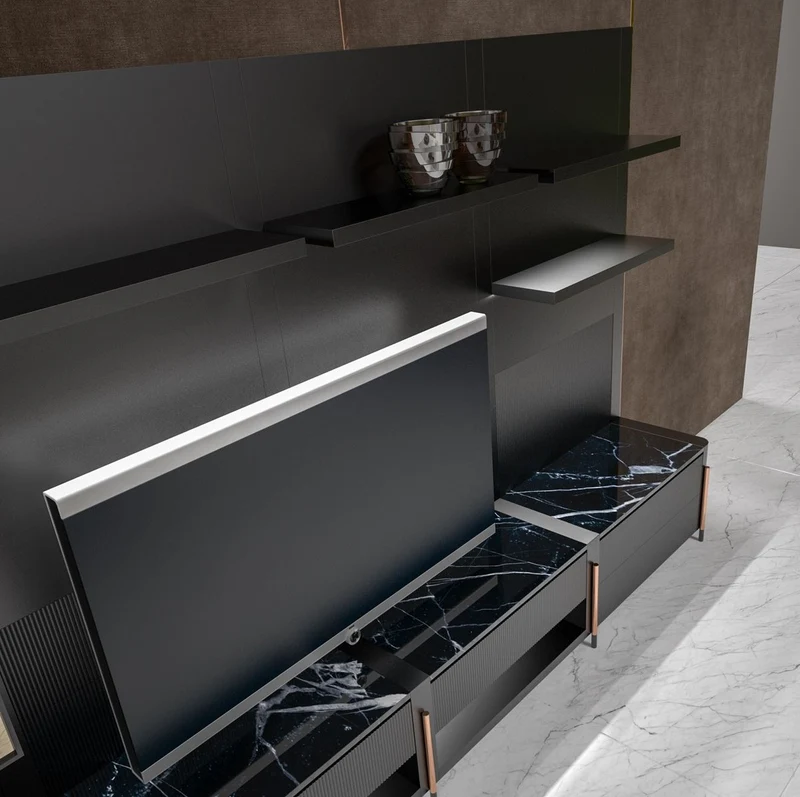 Casa Padrino Luxus TV Schrank Matt Schwarz / Schwarz / Kupfer 452 x 47 x H. 202 cm - Wohnzimmer Schrank mit LED Beleuchtung - Wohnzimmer Möbel - Hotel Möbel - Luxus Möbel